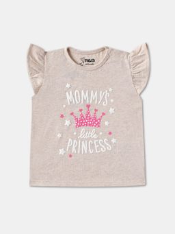 R&B - Off White Cotton Graphic Ruffled Sleeves Crew Neck Girls T-Shirt