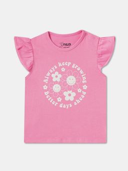 R&B - Pink Cotton Graphic Ruffled Sleeves Crew Neck Girls T-Shirt
