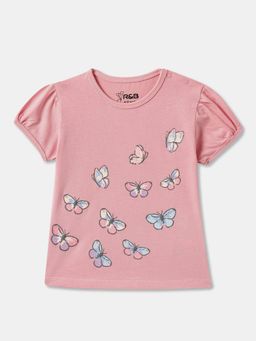 R&B - Pink Cotton Graphic Puff Sleeve Crew Neck Girls T-Shirt