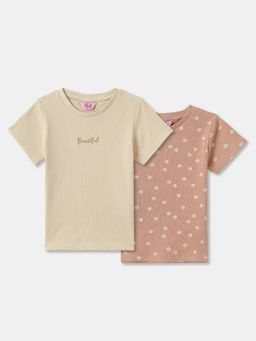 R&B - Beige Cotton Short Sleeve Crew Neck Girls T-Shirt