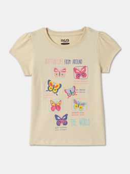 R&B - Beige Cotton Short Sleeve Crew Neck Girls T-Shirt