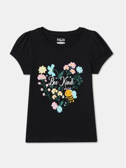 R&B - Black Cotton Graphic Short Sleeve Crew Neck Girls T-Shirt