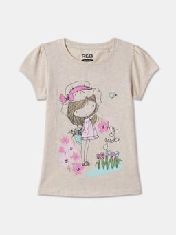 R&B - Beige Cotton Short Sleeve Crew Neck Girls T-Shirt