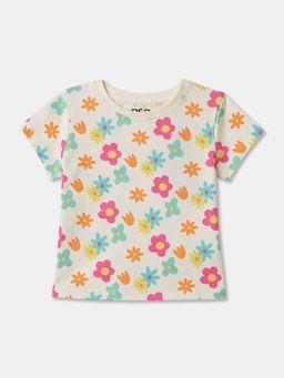 R&B - Beige Cotton Short Sleeve Crew Neck Girls T-Shirt