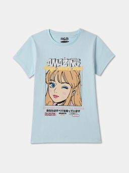 R&B - Blue Cotton Graphic Short Sleeve Crew Neck Girls T-Shirt