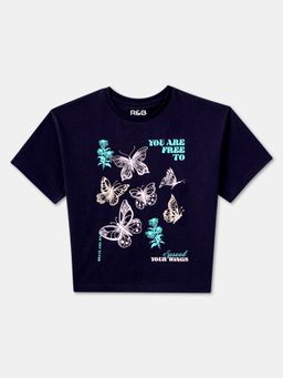 R&B - Navy Blue Cotton Short Sleeve Round Neck Girls T-Shirt