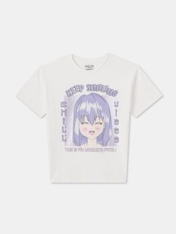 R&B - White Cotton Graphic Short Sleeve Crew Neck Girls T-Shirt