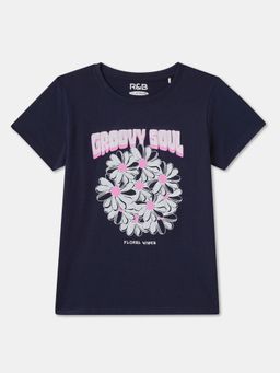 R&B - Navy Blue Cotton Short Sleeve Crew Neck Girls T-Shirt