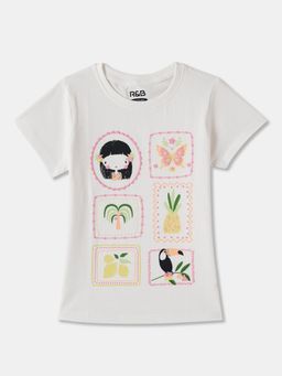 R&B - White Cotton Graphic Short Sleeve Crew Neck Girls T-Shirt