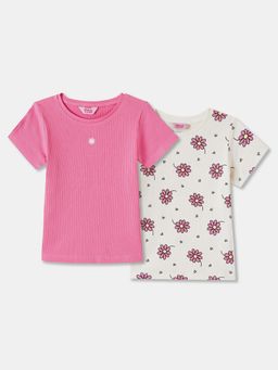 R&B - Pink Floral Short Sleeve Round Neck Girls T-Shirt (Pack Of 2)