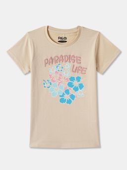R&B - Beige Cotton Short Sleeve Round Neck Girls T-Shirt