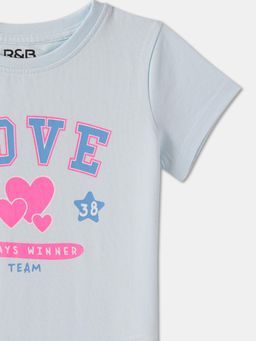 R&B - Blue Cotton Graphic Short Sleeve Crew Neck Girls T-Shirt