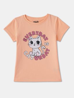 R&B - Peach Cotton Short Sleeve Crew Neck Girls T-Shirt