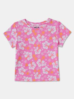 R&B - Pink Cotton Floral Short Sleeve Crew Neck Girls T-Shirt