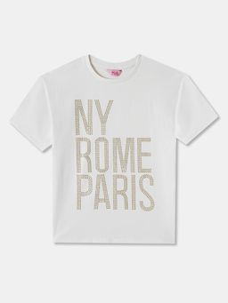 R&B - White Cotton Blend Short Sleeve Crew Neck Girls T-Shirt