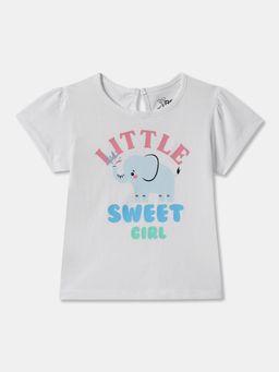 R&B - White Cotton Graphic Puff Sleeve Crew Neck Girls T-Shirt