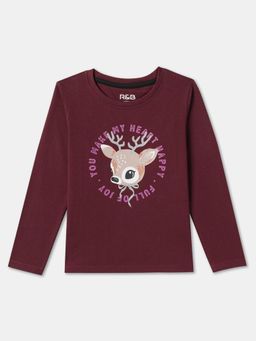 R&B - Wine Cotton Long Sleeve Crew Neck Girls T-Shirt