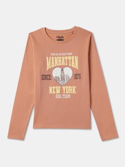 R&B - Brown Cotton Graphic Long Sleeve Crew Neck Girls T-Shirt