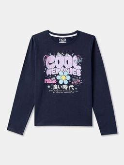 R&B - Navy Blue Cotton Graphic Long Sleeve Crew Neck Girls T-Shirt