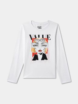 R&B - White Cotton Graphic Long Sleeve Crew Neck Girls T-Shirt