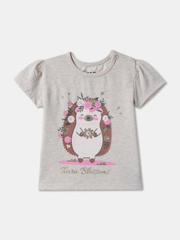 R&B - Beige Cotton Puff Sleeve Crew Neck Girls T-Shirt