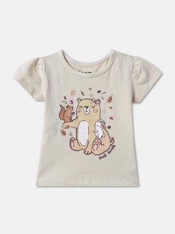 R&B - Beige Cotton Sleeveless Crew Neck Graphic Girls T-Shirt