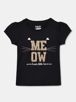 R&B - Black Cotton Puff Sleeve Crew Neck Girls T-Shirt