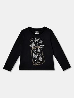 R&B - Black Cotton Graphic Long Sleeve Crew Neck Girls T-Shirt