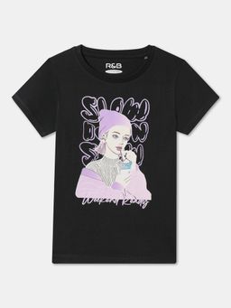 R&B - Black Cotton Short Sleeve Crew Neck Girls T-Shirt