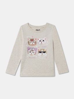 R&B - Beige Cotton Long Sleeve Crew Neck Girls T-Shirt