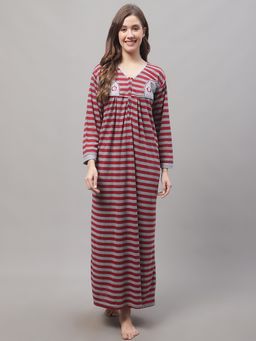 Secret Wish - Women's Grey Woolen Nighty For Winter With Stripe Prints