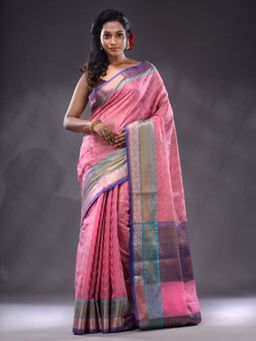 CHARUKRITI - Pink Cotton Blend Handwoven Saree With Unstitched Blouse