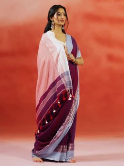 Aditri - Handloom Khadi Cotton Wine Saree Without Blous