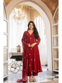 WOOMN - Maroon Embellished Anarkali Kurta with Pant and Dupatta