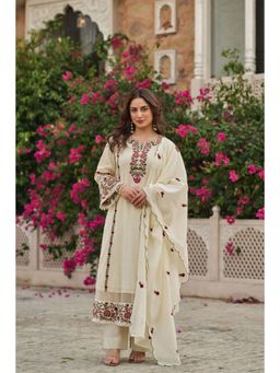 WOOMN - Cotton Schiffli Off White Solid Round Kurta with Pant and Dupatta