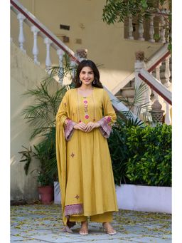 WOOMN - Yellow Embroidered Anarkali Kurta with Palazzo and Dupatta