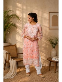 Gharana India - Women Floral Chikankari Handloom Georgette Pink Kurta with Slip