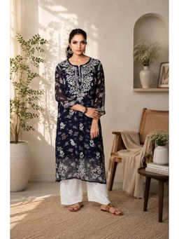 Gharana India - Women Floral Chikankari Handloom Georgette Black Kurta with Slip