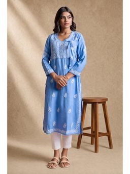 Gharana India - Floral Embroidered Chikankari In Angrakha Style Straight Blue Kurta
