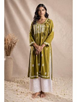 Gharana India - Floral Embroidered Chikankari In Angrakha Style Straight Olive Kurta