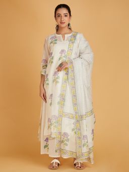 SHAABA CLOTHING - Off White Purple Printed Chanderi Silk Kurta Slip with Palazzo and Dupatta