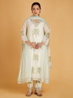 SHAABA CLOTHING - Off White Green Hand Block Printed Kurta Slip with Pant and Dupatta