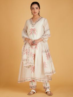 SHAABA CLOTHING - Off White Red Hand Block Printed Pink Silk Kurta Slip with Pant and Dupatta