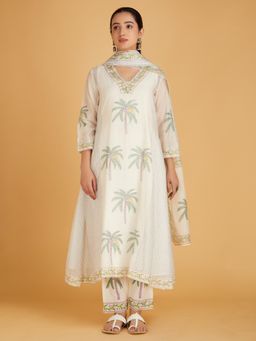 SHAABA CLOTHING - Off White Purple Printed Chanderi Silk Kurta Slip with Pant and Dupatta