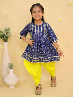 Junitos - Cotton Woven Half Sleeves Printed Kurti Dhoti Set Blue