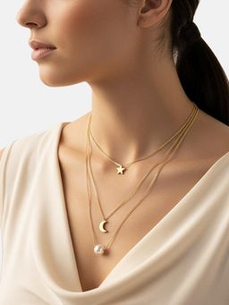 Carlton London - Rose Gold Plated Star Moon and Pearl Pendant Multi Layered Necklace