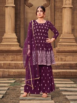 Odette - Attractive Purple Georgette Semi-Stitched Sharara Suit (Set of 3)