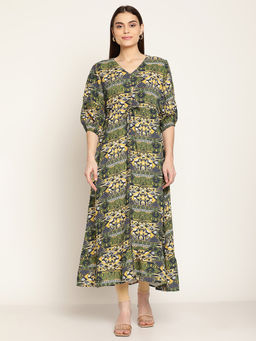 Cantabil - Women Green Rayon Printed V-Neck Dress