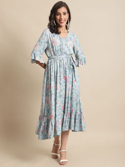 Cantabil - Women Green Viscose Printed V-Neck Dress