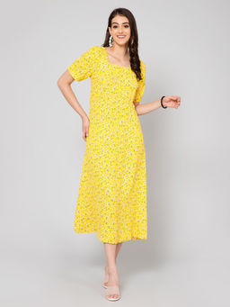 Cantabil - Women Yellow Viscose Printed Square Neck Dress